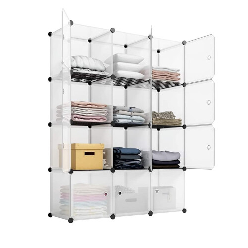 Cube Bookshelf with Door White 4-Tier 12-Compartment
