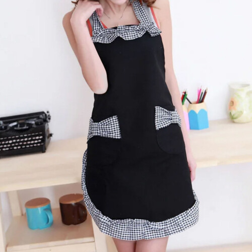 Women's plaid bowknot apron with pockets, adjustable lace-up 1