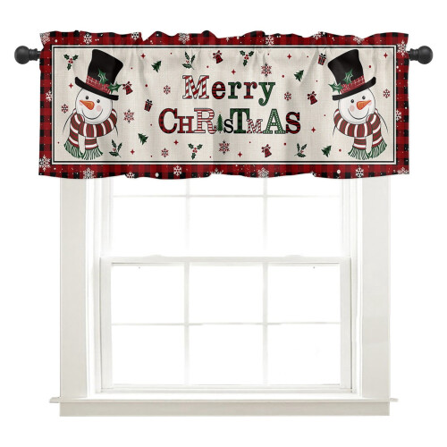 Red Christmas tree curtain panel with snowman and snowflake 1