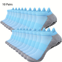 (Light Blue, S-(EU-32-35)) 10 Pairs of Breathable Mesh Short Socks for Men And Women, Suitable for Pilates And Yoga, Featuring Terry Bottom