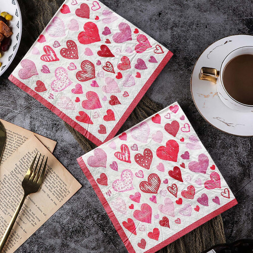 Papirservietter med hjerteprint til Valentinsdag - 20 stk.