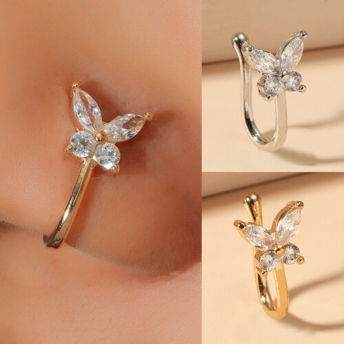 Manchette de nez papillon dorée sans piercing en forme de U