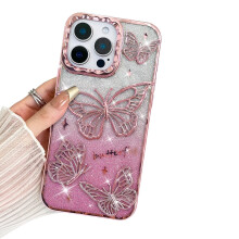 Kompatibilní s iPhonem 16, třpytivý kryt Cute3D Butterfly, tenký luxusní kryt s třpytkami pro ženy a dívky, růžový 6,1"