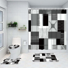 Blaues Duschvorhang-Set mit rutschfester Badematte und WC-Deckel