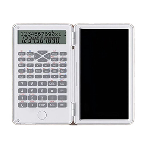 Calculadora científica com visor LCD de 12 dígitos e cor branca.