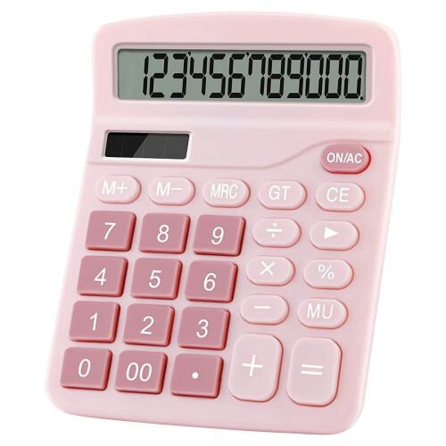Calculadora eletrônica solar com dupla alimentação, 12 dígitos, rosa.