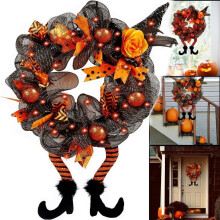 Halloween wreath with witch hat and legs, light-up front