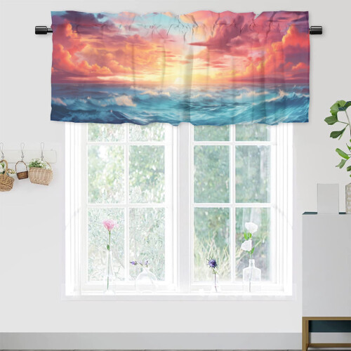 Beach curtain valance 54x18 in 2-panel ocean sunset design 1