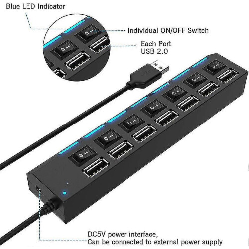 Hub USB 2.0 a 7 porte con interruttori e LED individuali, Hub USB 2.0 2