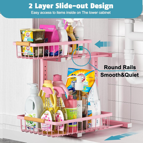 Under Sink Organizer Adjustable 2-Tier Pull-Out Drawers 2 1