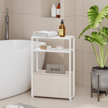 Narrow Side Table with Fabric Basket White Camel Brown