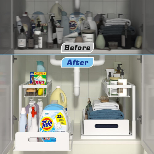 Under Sink Organizer Metal Pull-Out Shelf White 1