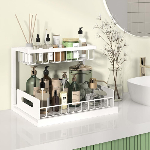 Under Sink Organizer Metal Pull-Out Shelf White 2