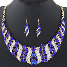 Rhinestone Chain Necklace and Hook Earrings Set Blue