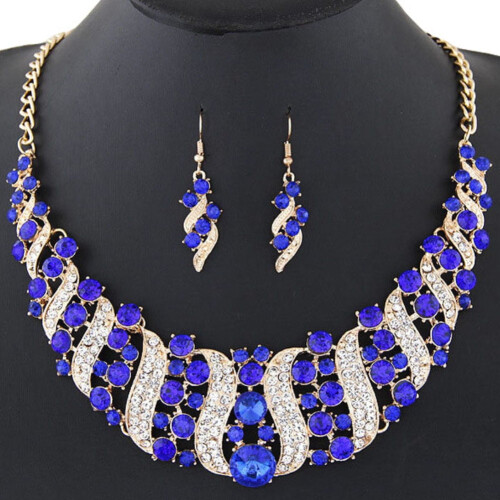 Rhinestone Chain Necklace and Hook Earrings Set Blue