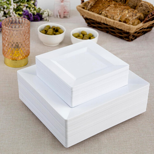 White Square Plastic Plates 9.5 inch and 6.5 inch 100 pcs 2