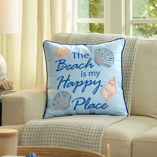 Beach-themed embroidered square accent pillow 1