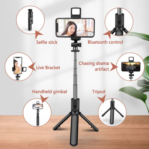 Selfie Stick Tripod with Wireless Remote and LED Light for 1
