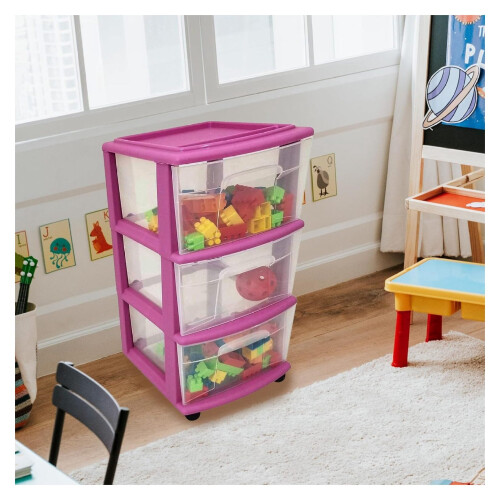 Clear Plastic 3-Drawer Storage Tower with Casters, Purple 1