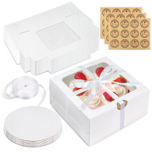 KEEPARTY 28PCS Boîtes à Gâteaux Blanches 8x8x4 pouces avec Fenêtre, Carton pour Pâtisseries, Étiquettes et Rubans