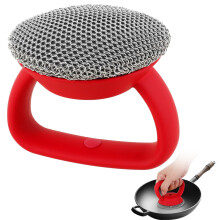 Éponge à récurer en fonte 316 en acier inoxydable avec manche, éponge en laine d'acier, maille ronde pour nettoyer les ustensiles de cuisine,