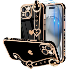 iPhone15Pro Max tok csuklópánttal, szerelmes szívek mintával