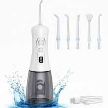 Draagbaar waterflosserapparaat voor mondhygiëne, 8 standen en 5 sproeiers, 400 ml watertank, IPX7 waterdicht, wit