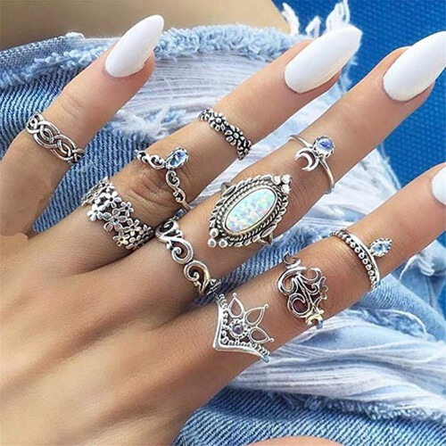 Women's silver vintage crystal stack rings set 2