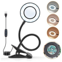 Lampada da scrivania a LED con lente d'ingrandimento 10X, 3 colori, 10 livelli di luminosità, flessibile a 360, portatile con clip pe