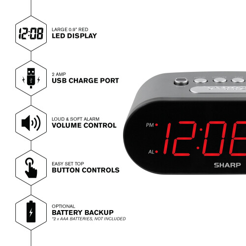 SHARP Alarm Clock USB Charger 2A Black Gunmetal 1