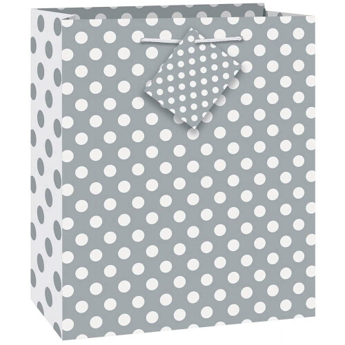 Sacola de presente média prateada com bolinhas brancas, 9x7 polegadas