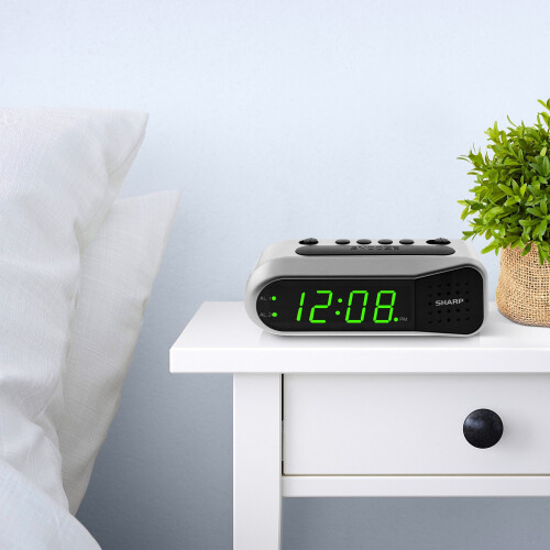 SHARP digital dual alarm clock silver green LED display 2