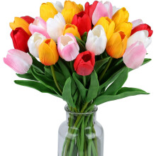 Künstliche Tulpen, echt fühlbar, 33 cm große Seidenblumen, 25 Stück, 5 Farben