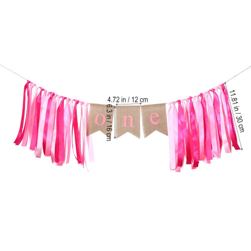 First Birthday Banner Pink Burlap with Ribbon 1 pc 1