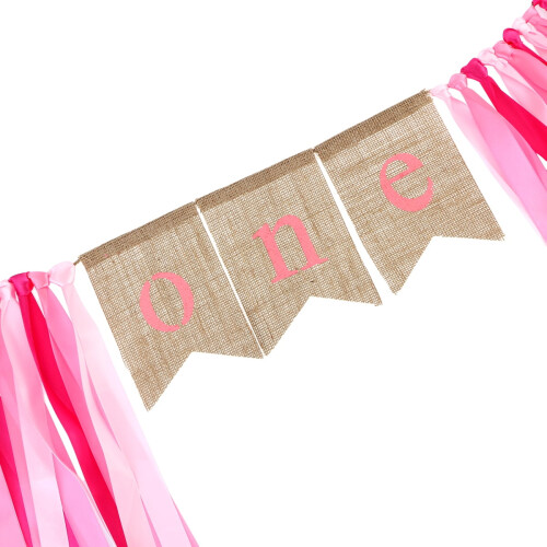 First Birthday Banner Pink Burlap with Ribbon 1 pc 2