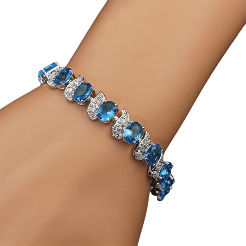 Women's Leaf Charm Bracelet Adjustable Light Blue Rhinestone 1