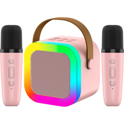 Karaoke Bluetooth Speaker with Dual Mic and RGB Light Pink