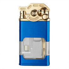 (Blue Brushed) Refillable Windproof Personality Butane Lighter Luminous transparent design unique rocker arm ignition Business Accessory