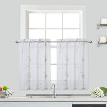 White floral embroidered sheer curtains 26x45 in, 2 panels