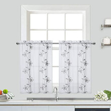 White floral embroidered sheer curtains 26 in W x 45 in L,