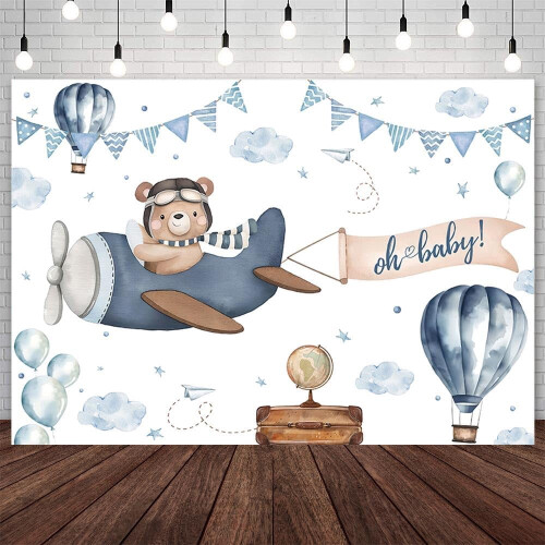 Bear Baby Shower Backdrop Blue Airplane Cloud Theme 1 Pack