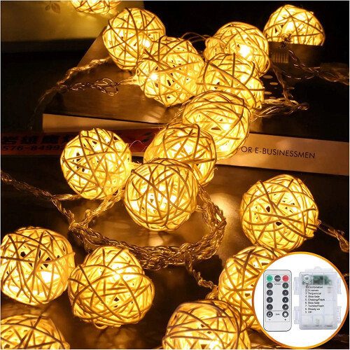 LEEYNEER Lichterkette mit 20 LED-Rattankugeln, 3 m