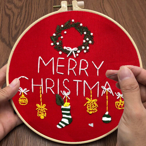 Christmas Embroidery Kit with Hoop, Beginner-Friendly Set 1
