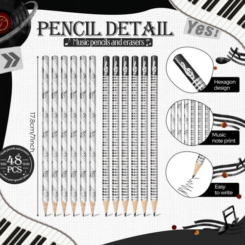 Music Note Pencils with Themed Erasers 96 Pcs 1
