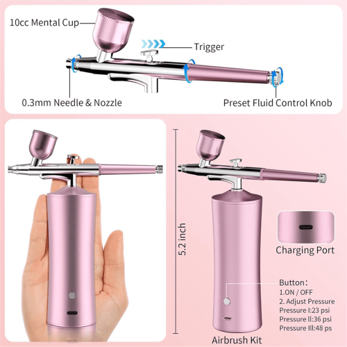 Draadloze, oplaadbare airbrushset 30 PSI roze 1