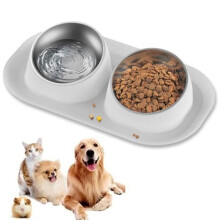 Cat bowl, Double dog/cat bowl, Stainless steel, Non-slip - prevents food spills, for Cats and Puppies - Grey