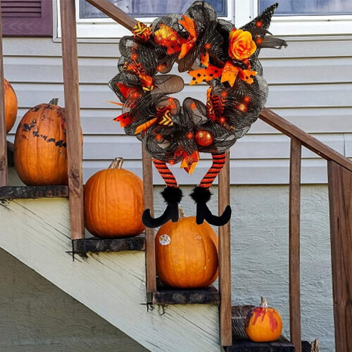 Halloween wreath with witch hat and legs, light-up front 2