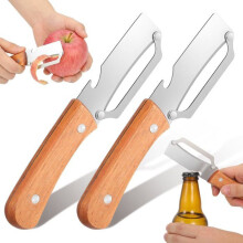 Vegetable peeler - Set of 2 - Stainless steel blade - Wooden handle - Bottle opener