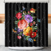 Black Flowers Shower Curtain Polyester Waterproof 72x72 Inch