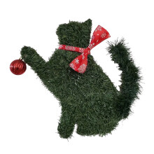 Green Christmas cat wreath with red bow for door window